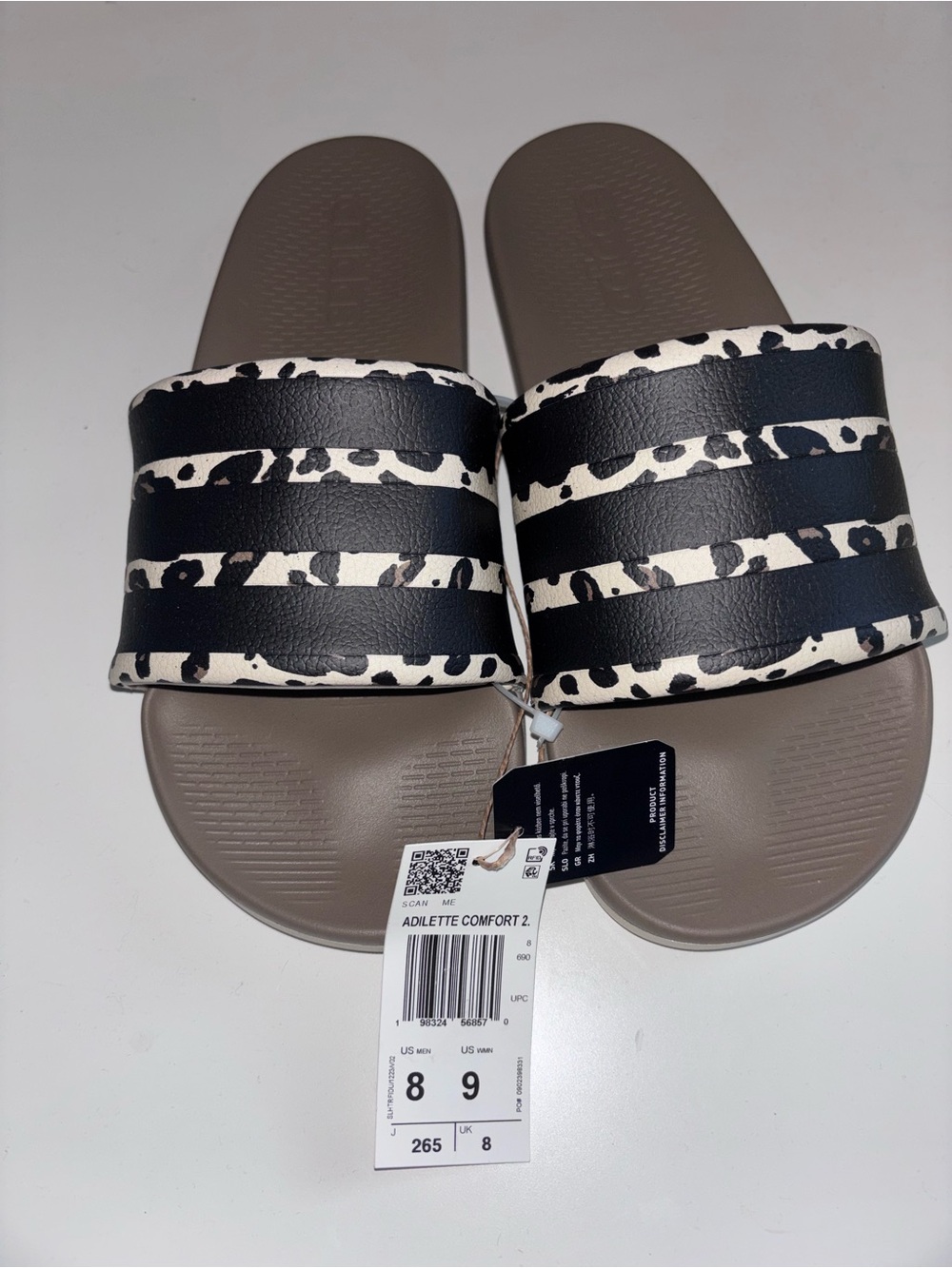 adidas Adilette Comfort Slides in Black and Taupe with Leopard Print